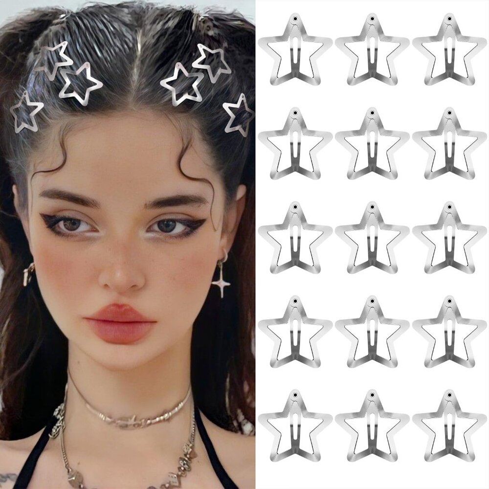 Y2K Star Snap Hair Clips Silver Metal Non Slip Barrettes 15 PCS